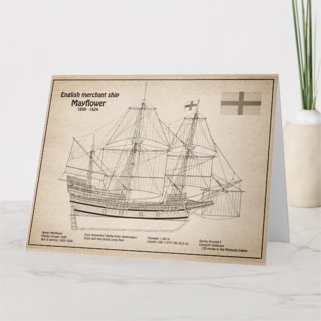 Mayflower - Ship Blueprint Plans SD Letterpress Thank You Card (Front)