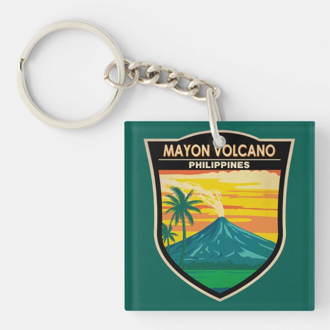 Mayon Volcano Philippines Travel Art Vintage Keychain (Front)