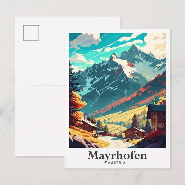 Mayrhofen Austria Art Vintage Travel Illustration Postcard (Front/Back)