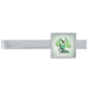 May's Birthstone Dragon: Emerald Silver Finish Tie Bar