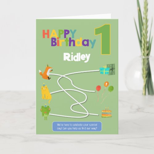 Maze Activity 1st Birthday Card _ Animals Trace