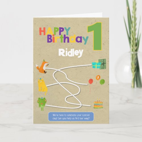 Maze Activity 1st Birthday Card - Kraft Animals