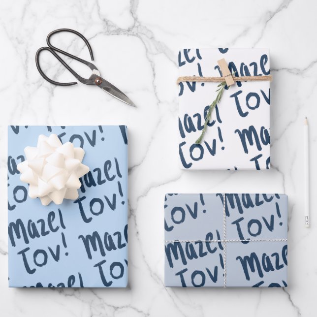 MAZEL TOV Bar Bat Mitzvah Handlettered Jewish Blue Wrapping Paper Sheets (Front)