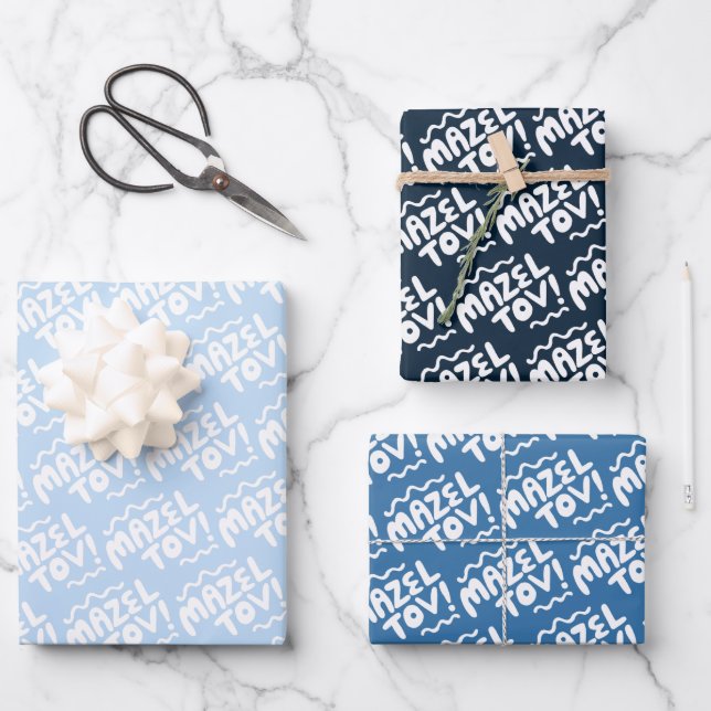 MAZEL TOV Bar Bat Mitzvah Handlettered Jewish Blue Wrapping Paper Sheets (Front)
