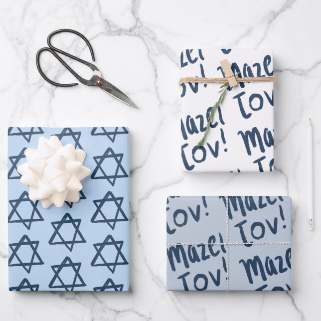 MAZEL TOV Bar Bat Mitzvah Handlettered Jewish Blue Wrapping Paper Sheets (Front)