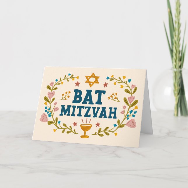 MAZEL TOV BAT MITZVAH Jewish Floral Customizable  Card (Front)