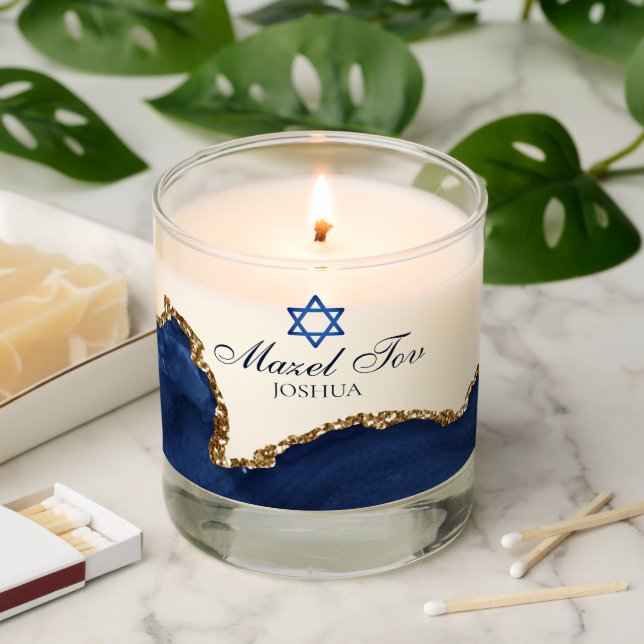 Mazel Tov Blue Gold Custom Bar Mitzvah Gift Scented Candle (Lit)