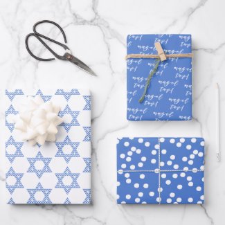 Mazel tov! Blue Star of David & Polkadots Wrapping Paper Sheets