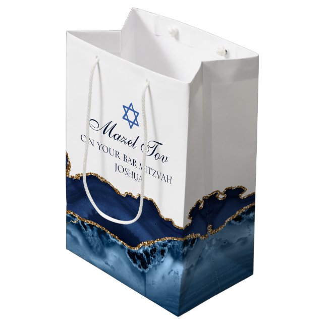Mazel Tov Chic Blue Gold Personalized Bat Mitzvah Medium Gift Bag (Front Angled)