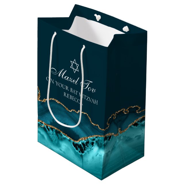Mazel Tov Chic Teal Gold Personalized Bat Mitzvah Medium Gift Bag (Front Angled)