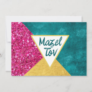 Mazel Tov Congratulations Card, Pink Glitter, Gold Invitation