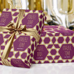 Mazel Tov Custom Greeting Star of David Pattern Wrapping Paper<br><div class="desc">Send your congratulations with this 'Mazel Tov' personalized gift wrap. Perfect for family and friends to celebrate many different occasions, including Hanukkah, Bar Mitzvah, Bat Mitzvah, birthdays, weddings, graduations, new home, new job and more! A stylish design featuring a Star of David geometric pattern in pink-purple plum, white and gold...</div>