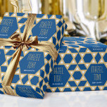 Mazel Tov  Custom Greeting Star of David Pattern Wrapping Paper<br><div class="desc">Send your congratulations with this 'Mazel Tov' personalized gift wrap. Perfect for family and friends to celebrate many different occasions, including Hanukkah, Bar Mitzvah, Bat Mitzvah, birthdays, weddings, graduations, new home, new job and more! A stylish design featuring a Star of David geometric pattern in blue, white and gold color....</div>