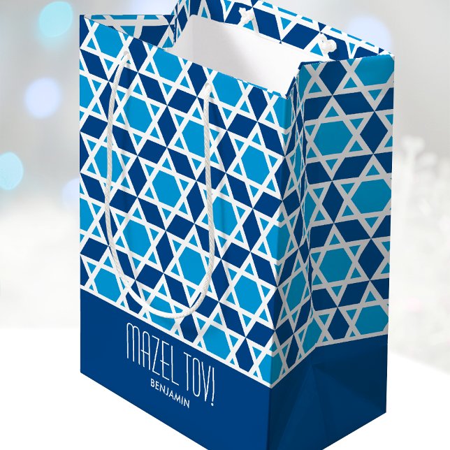 Mazel Tov Geometric Star Pattern Navy Blue Medium Gift Bag (Creator Uploaded)
