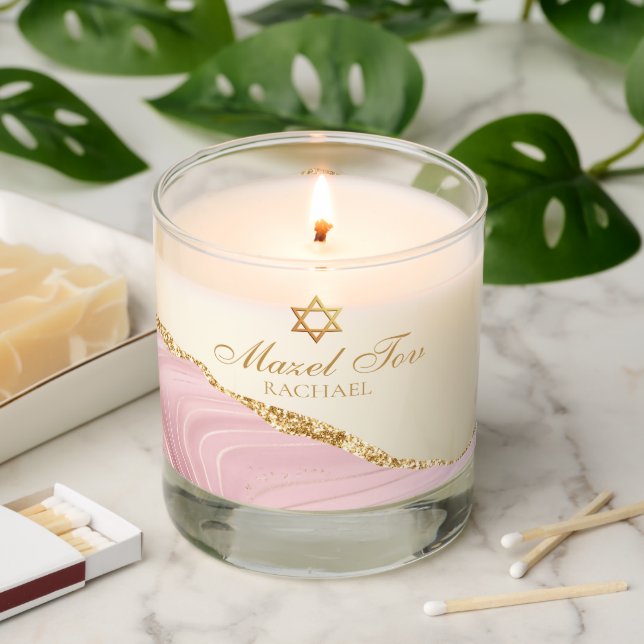 Mazel Tov Pink Gold Custom Bat Mitzvah Gift Scented Candle (Lit)