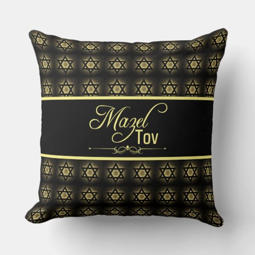 Mazel Tov Star Of David Pattern Black Gold Yellow Throw Pillow