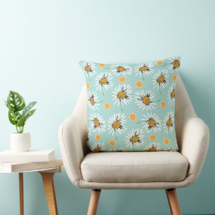 Mazipoodles Bold Daisies - Duck Egg Green Orange Throw Pillow