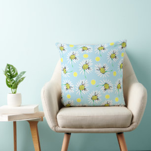 Mazipoodles Bold Daisies - Pastel Blue Yellow Throw Pillow
