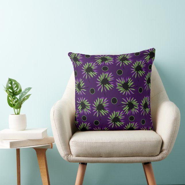 Mazipoodles Bold Daisies - Purple Black Green Throw Pillow (Chair)