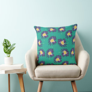 Mazipoodles Bold Daisies - Teal Green Purple Throw Pillow