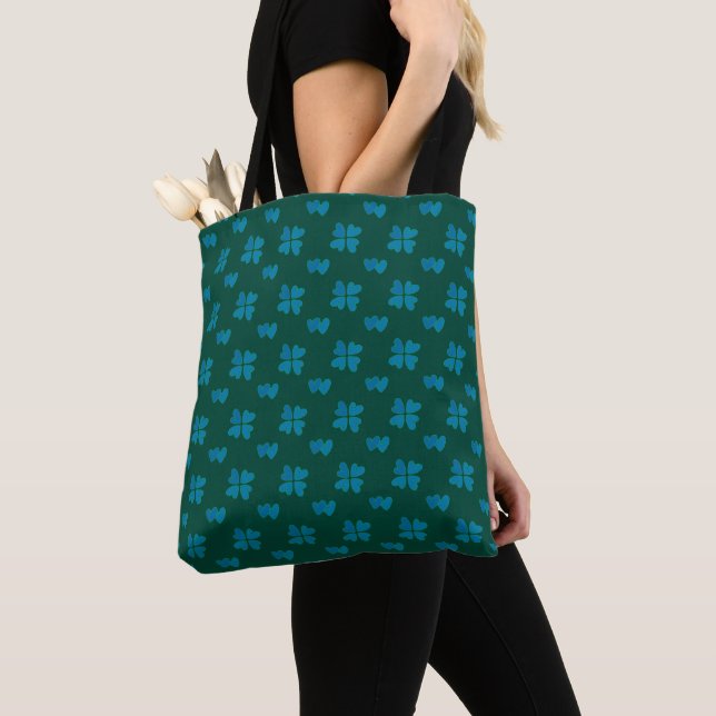 Mazipoodles Dusty Blue Hearts On Dark Green Tote Bag (Close Up)