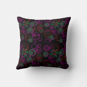 Mazipoodles Floral Bubbles Black Pink Green Red Throw Pillow