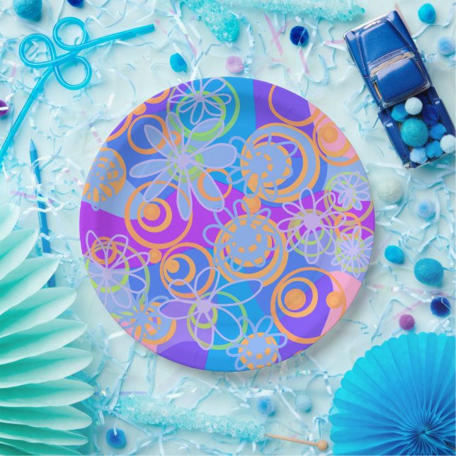 Mazipoodles Floral Bubbles Multi Blue Orange Blue Paper Plates (Party)