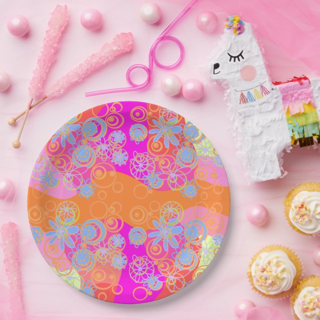 Mazipoodles Floral Bubbles Multi Pink Orange Blu2  Paper Plates (Party)