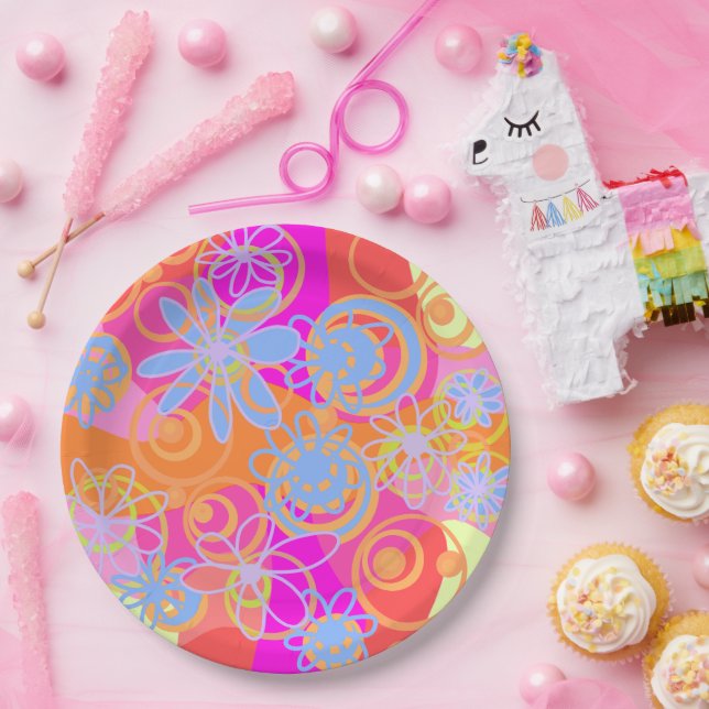 Mazipoodles Floral Bubbles Multi Pink Orange Blue Paper Plates (Party)
