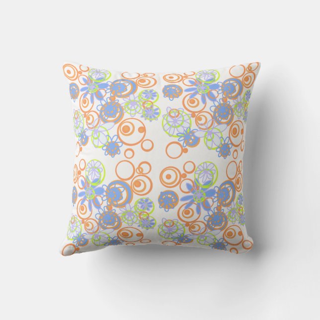 Mazipoodles Floral Bubbles - White Orange Blue Throw Pillow (Back)