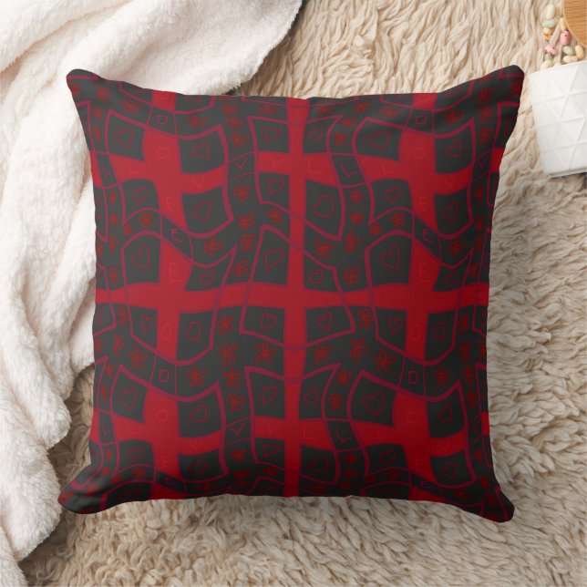 Mazipoodles Floral Love Hearts Check - Black Red Throw Pillow (Blanket)