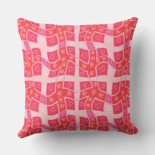 Mazipoodles Floral Love Hearts Check _ Red  Throw Pillow