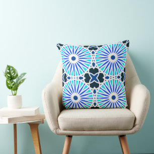 Mazipoodles Kaleidoscope Wheel P White Blue Navy Throw Pillow