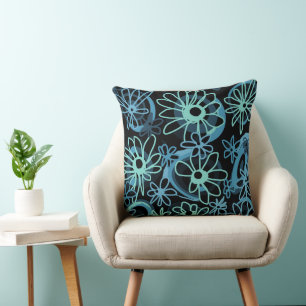 Mazipoodles Love Flowers - Black Dusty Blue Duck Throw Pillow