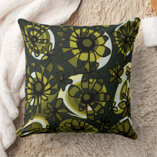 Mazipoodles Love Flowers - Green Olive Black Throw Pillow