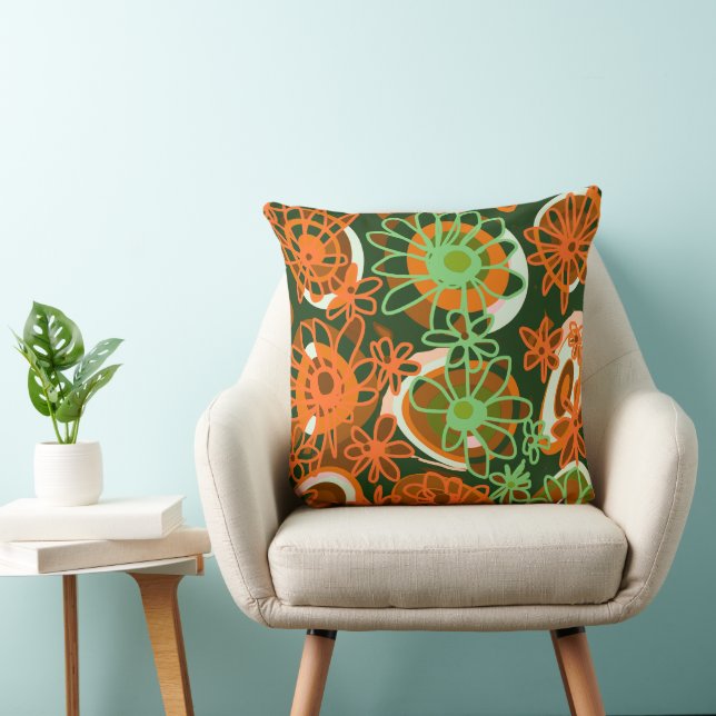 Mazipoodles Love Flowers - Green Orange Throw Pillow (Chair)