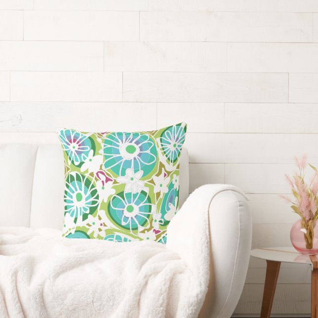 Mazipoodles Love Flowers - Green Teal Purple White Throw Pillow (Couch)