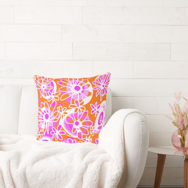 Mazipoodles Love Flowers - Orange Pink White Throw Pillow (Couch)