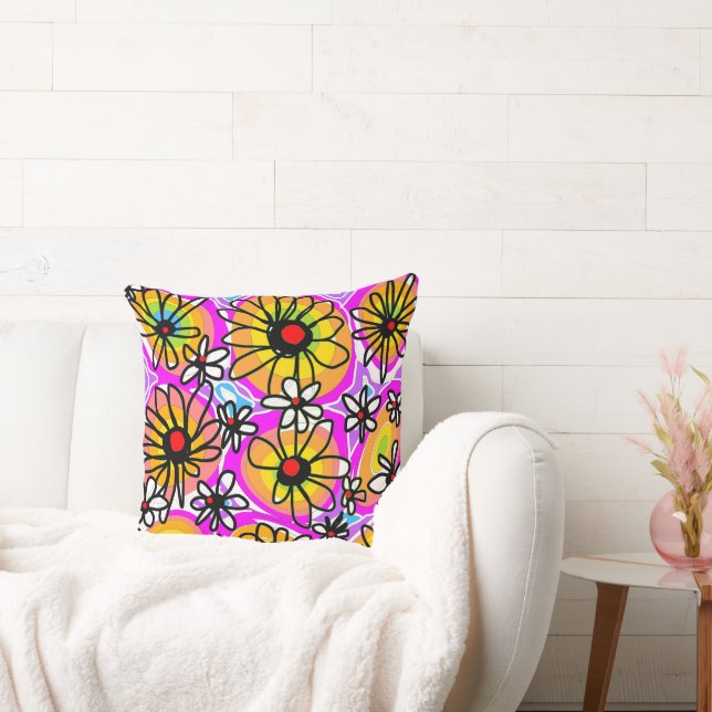 Mazipoodles Love Flowers - Rainbow Black Throw Pillow (Couch)