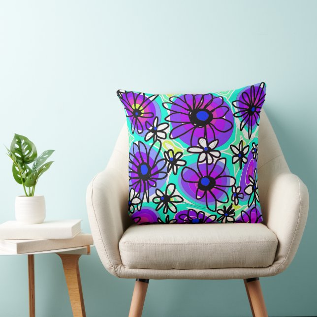 Mazipoodles Love Flowers - Turquoise Purple Black Throw Pillow (Chair)