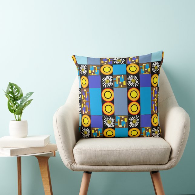 Mazipoodles Patchwork Quilt 3 Blue Throw Pillow (Chair)