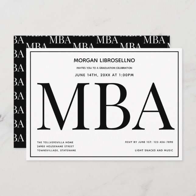 MBA degree Black White Graduation Party Invitation (Front/Back)