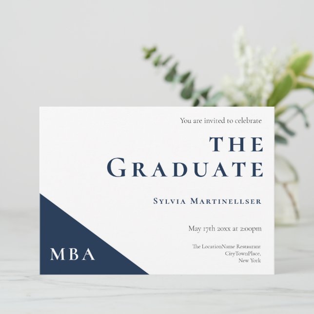 MBA Degree Blue White Graduation Party Invitation (Standing Front)