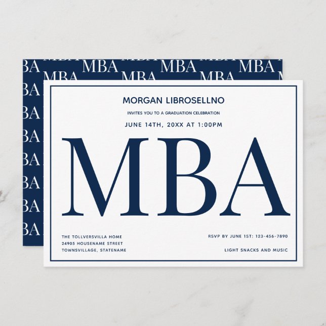 MBA degree Blue White Graduation Party Invitation (Front/Back)