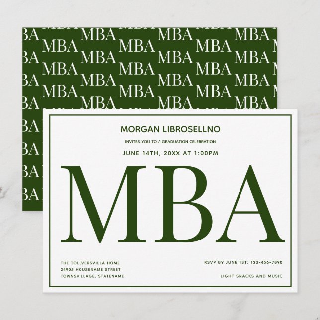 MBA degree Green White Graduation Party Invitation (Front/Back)