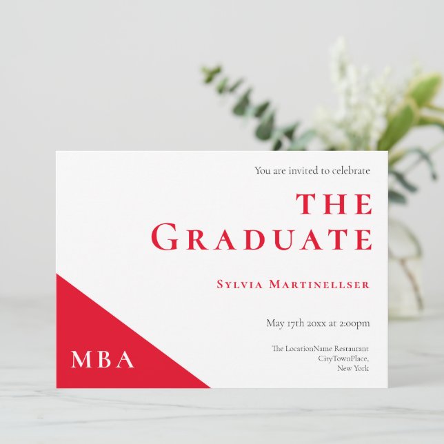 MBA Degree Red White Graduation Party Invitation (Standing Front)