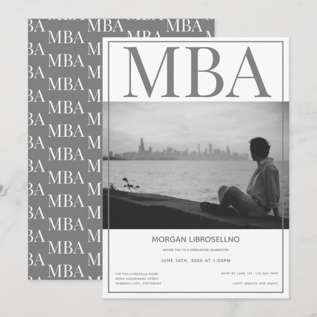 MBA degree White Gray Photo Graduation Party Invitation (Front/Back)