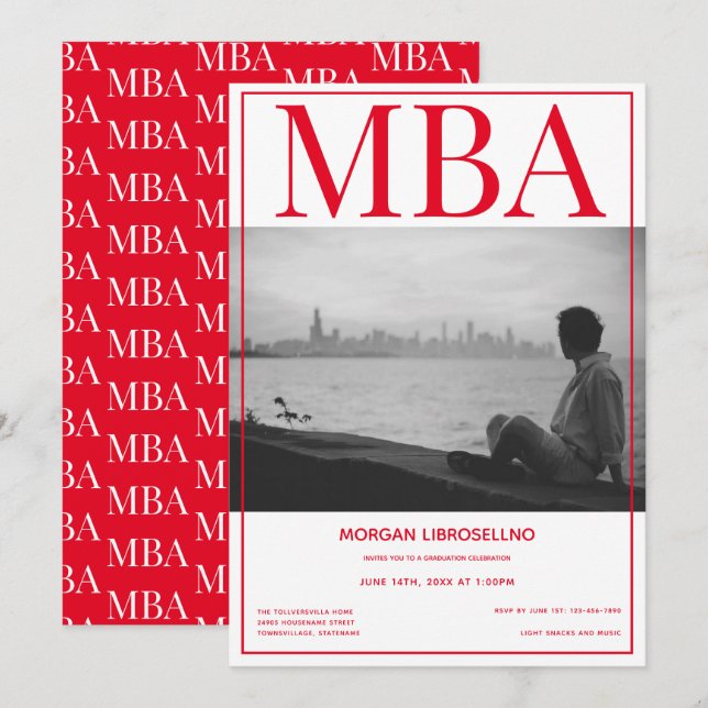 MBA degree White Red Photo Graduation Party Invitation (Front/Back)