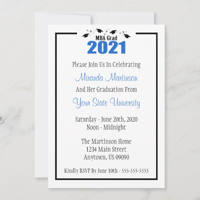 MBA Grad 2021 Graduation Invite (Blue Caps) (Front)