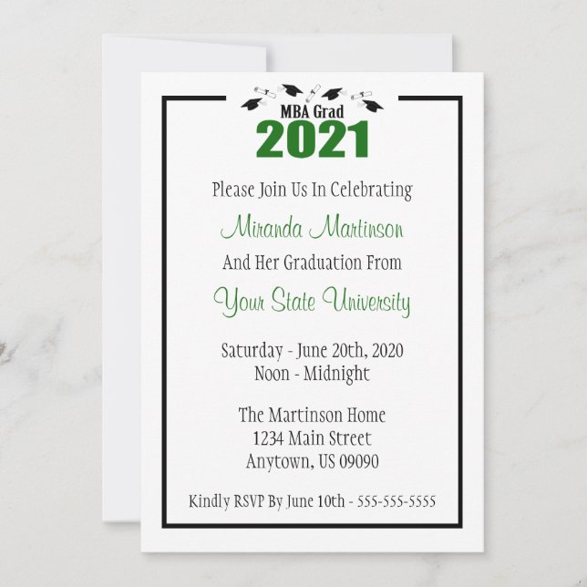 MBA Grad 2021 Graduation Invite (Green Caps) (Front)